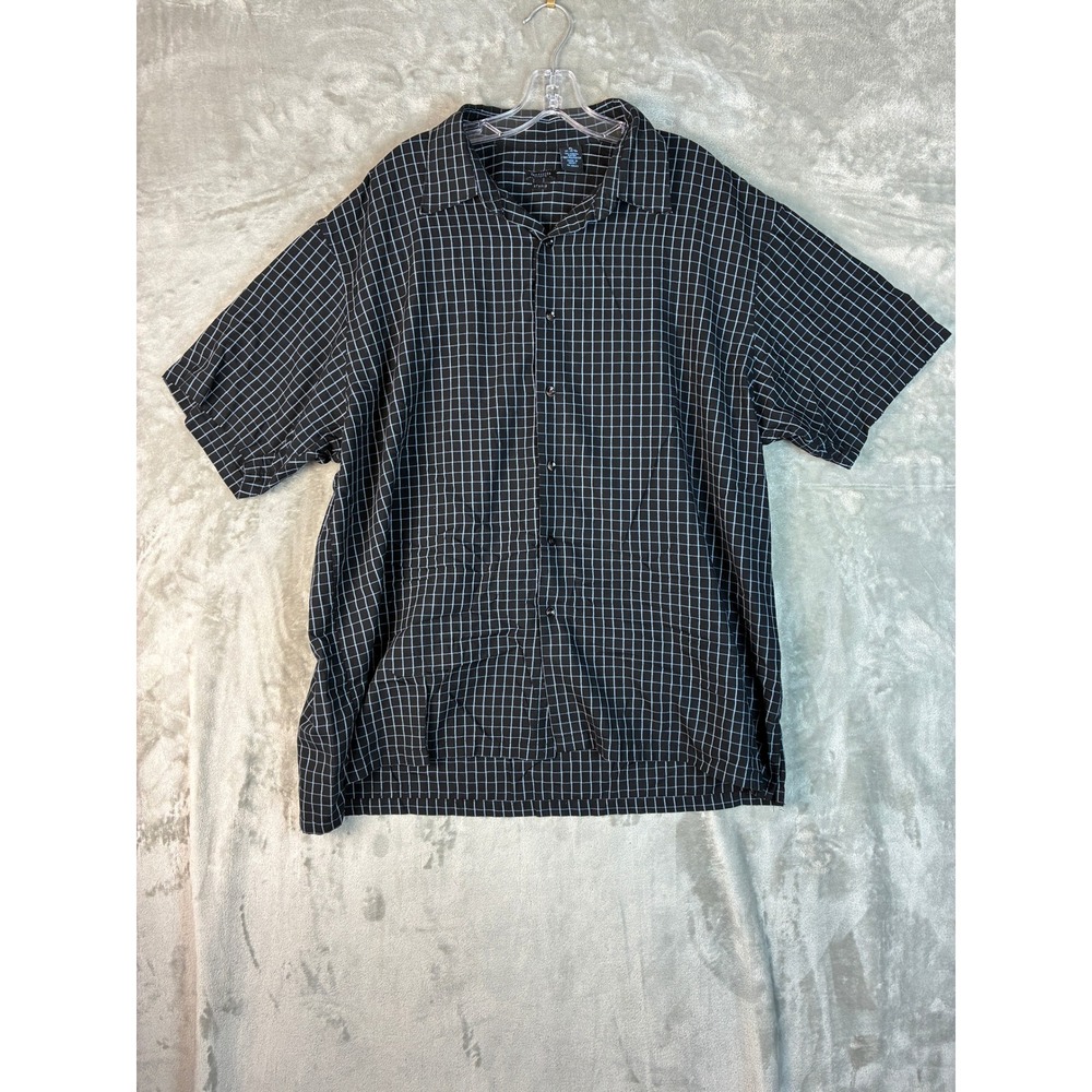 Van Heusen Studio Mens XL Short Sleeve Button Down Shirt Black Blue Grid Pattern